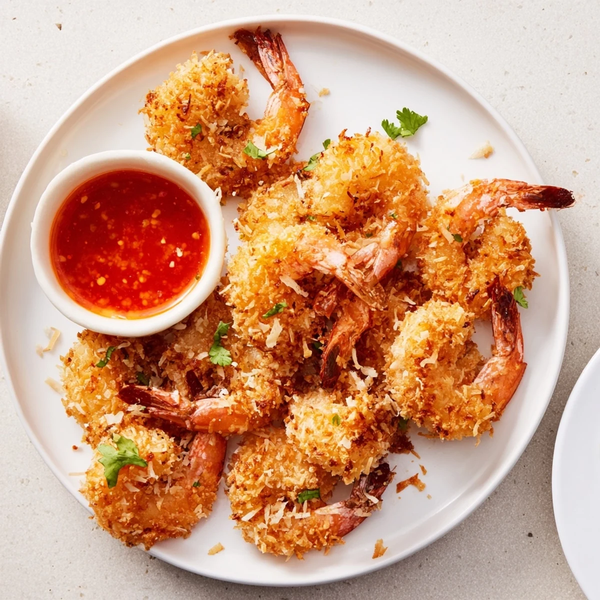 Golden, crispy coconut shrimp served with a vibrant sweet chili dipping sauce, ready to enjoy.