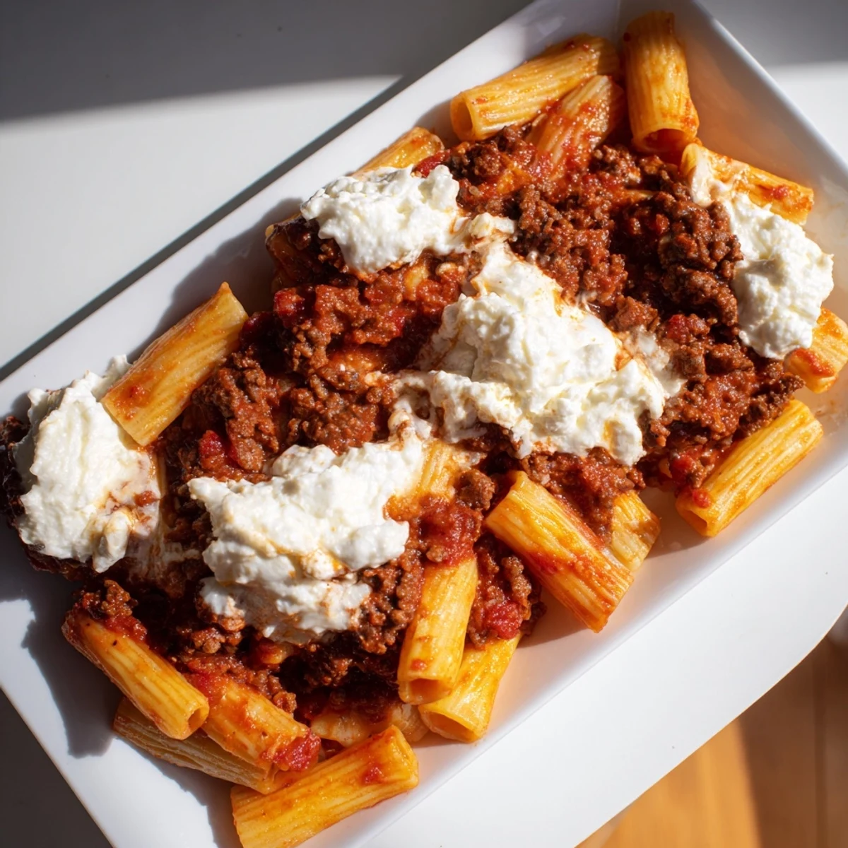 A close-up of cheesy Baked Ziti, showcasing tender pasta and flavorful ground beef layers.