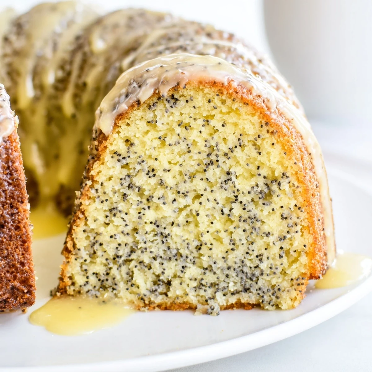 Golden-brown Lemon Poppy Seed Bundt Cake, drizzled with bright lemon glaze, ready to serve.