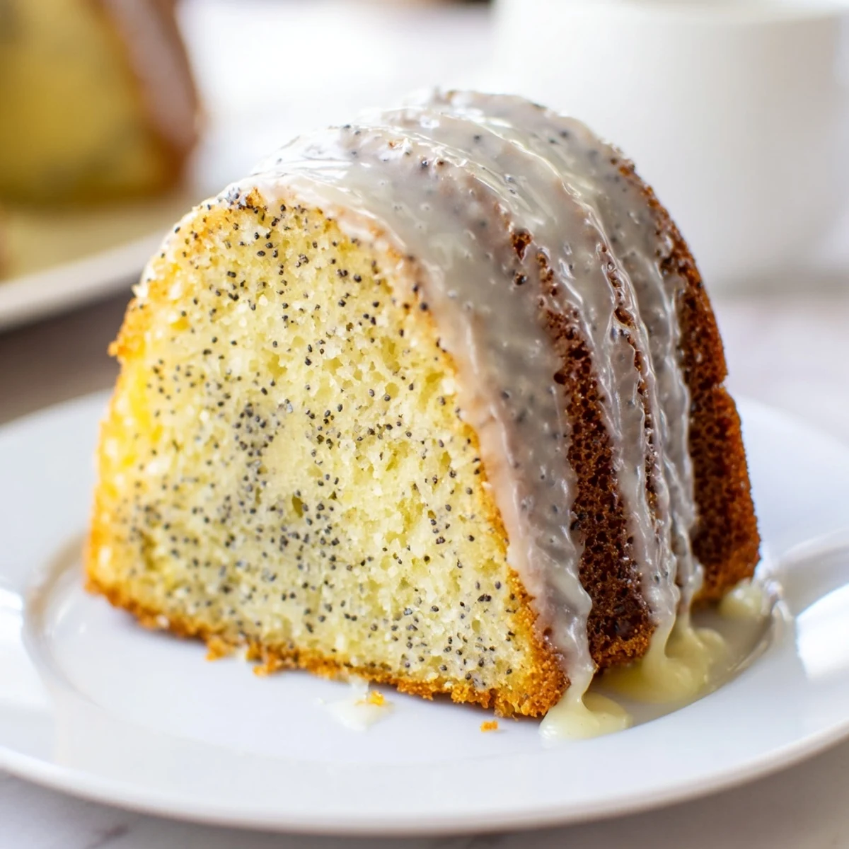 A slice of moist Lemon Poppy Seed Bundt Cake, highlighting the poppy seeds and citrusy glaze.