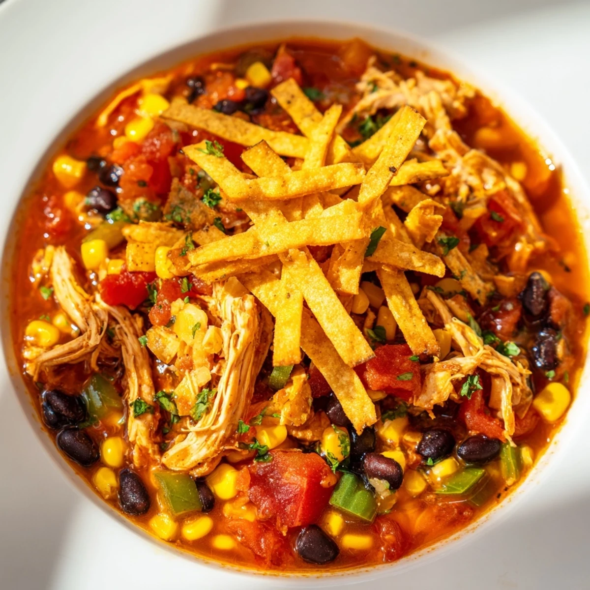 Chicken Tortilla Soup with crispy tortilla strips and vibrant toppings is ready to serve.