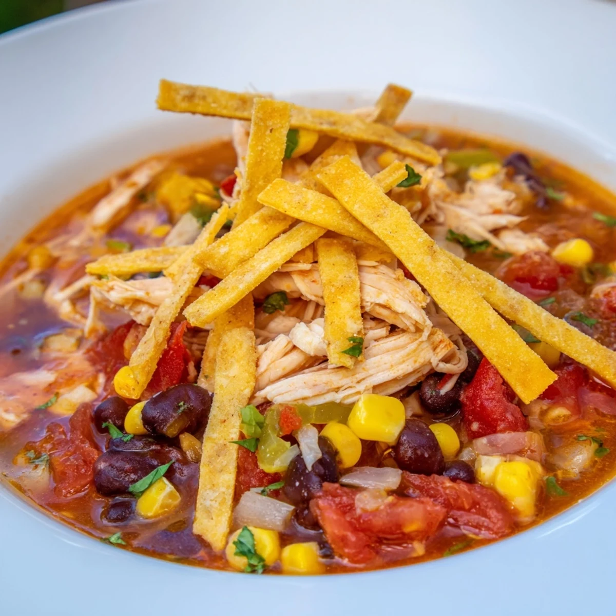 A warm bowl of Chicken Tortilla Soup, brimming with tender chicken and crunchy tortilla strips.