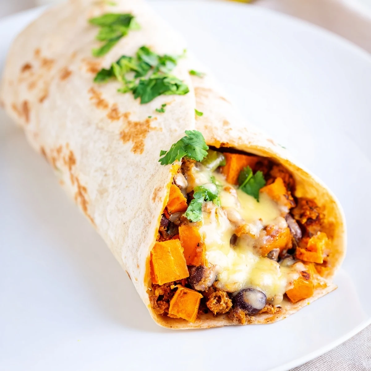 Golden, roasted sweet potato and black bean burritos, ready to be filled, warm, and flavorful.
