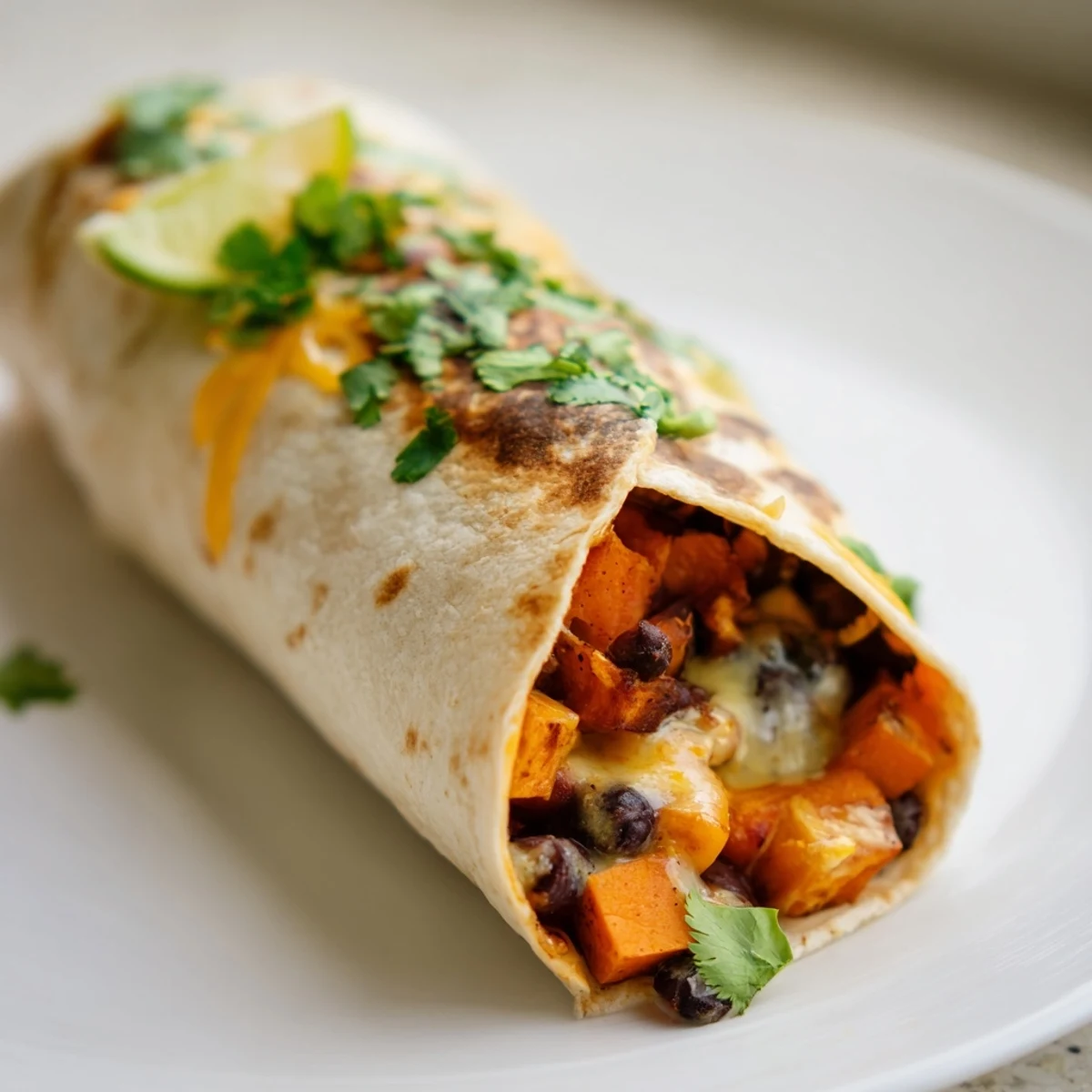 Steaming plate of roasted sweet potato and black bean burritos, with melted cheese and fresh cilantro garnishing.