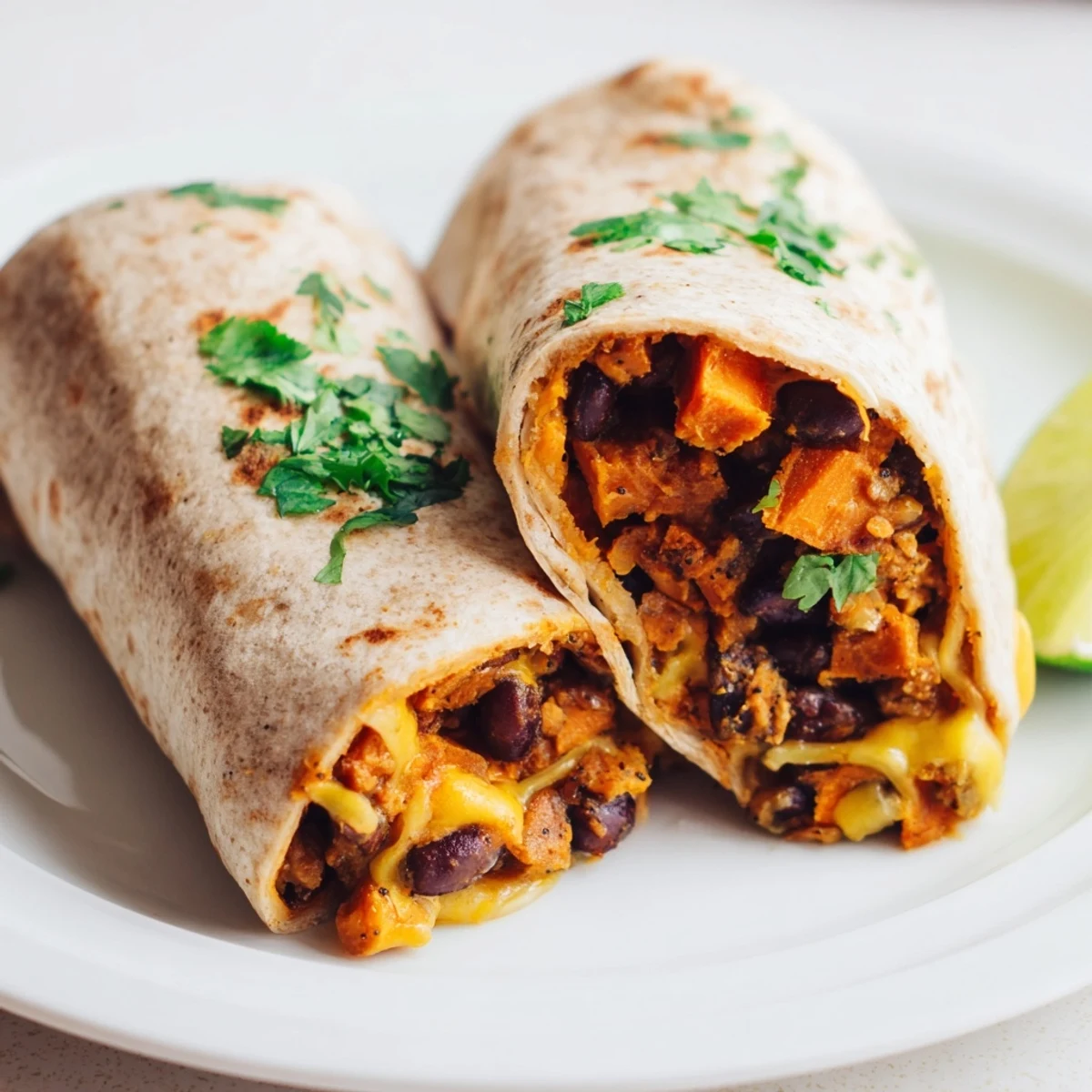 Delicious, vegetarian roasted sweet potato and black bean burritos, packed with savory, seasoned filling.