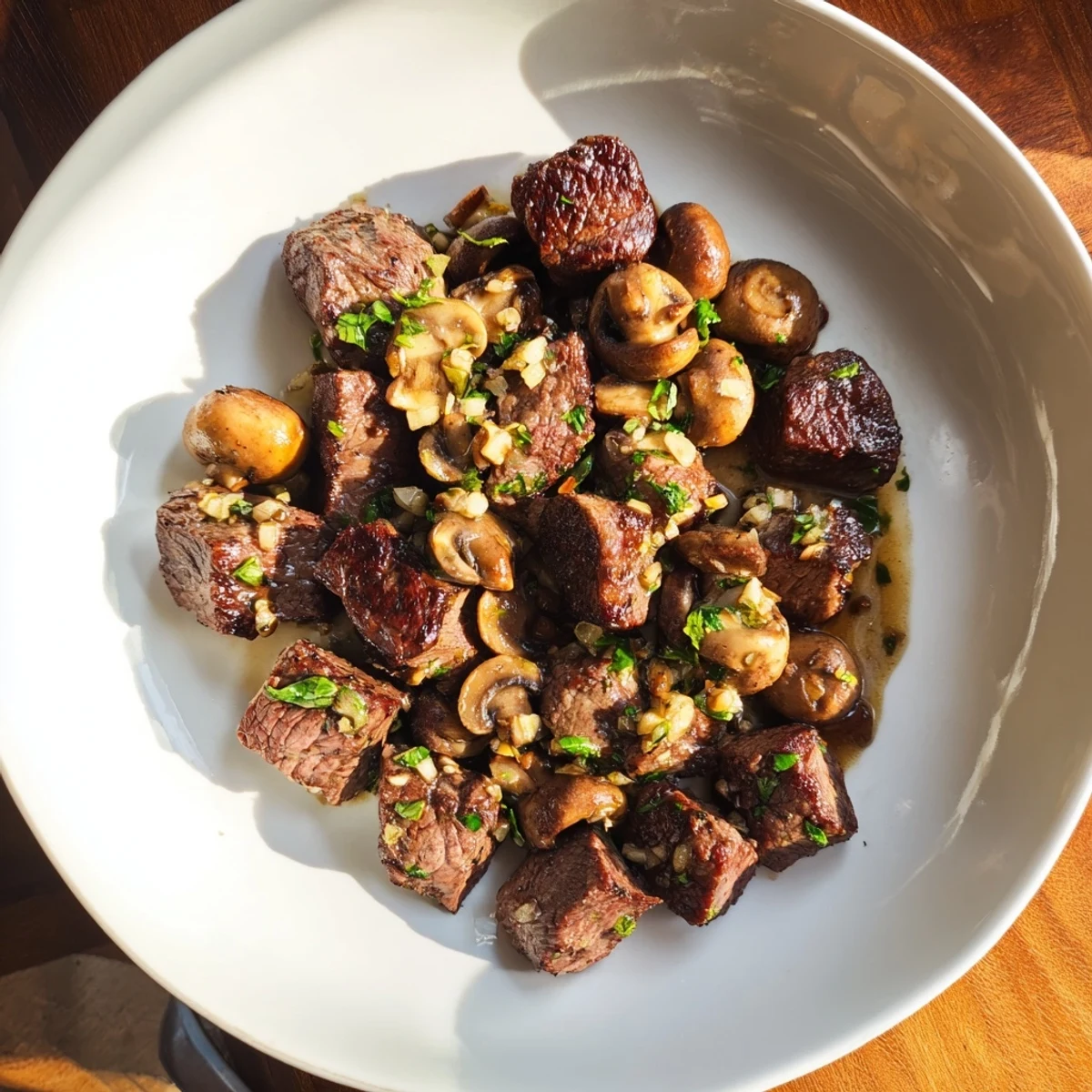Sizzling Garlic Butter Steak Bites with golden mushrooms, ready to serve with lemon wedges.