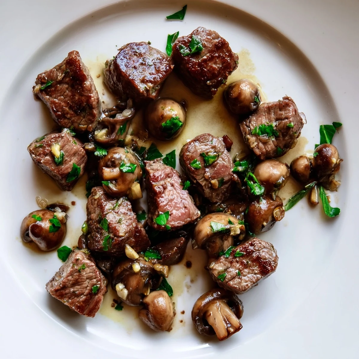 A plate of flavorful Garlic Butter Steak Bites with vibrant green parsley, ready to eat.