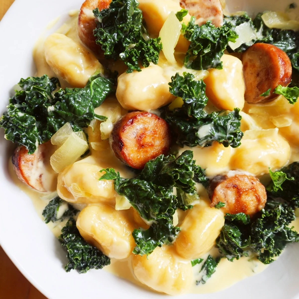 A skillet of creamy gnocchi with sausage and kale, a hearty Italian comfort food dinner.