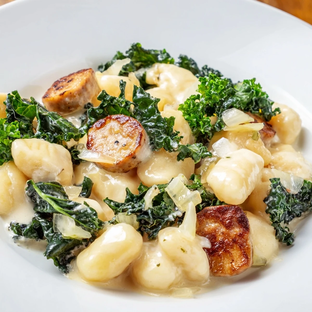 Golden-brown sausage pieces nestled amidst creamy gnocchi with kale, ready to be enjoyed as a meal.