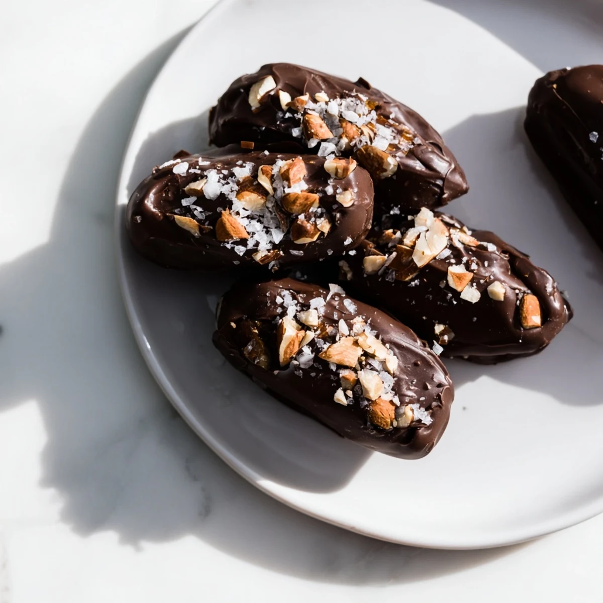 Chocolate covered dates, boasting glossy dark chocolate and a creamy almond butter filling.