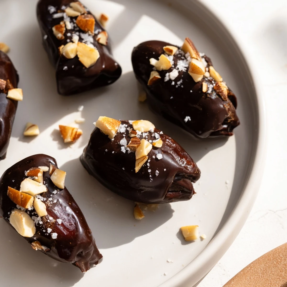 Vibrant photo of chocolate covered dates, drizzled with sea salt for a perfect sweet and salty treat.