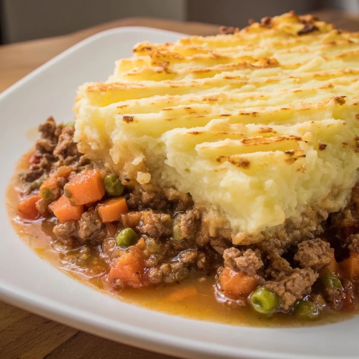 Golden-brown Beef Shepherds Pie with Cauliflower Mash Topping fresh from the oven, garnished with parsley.