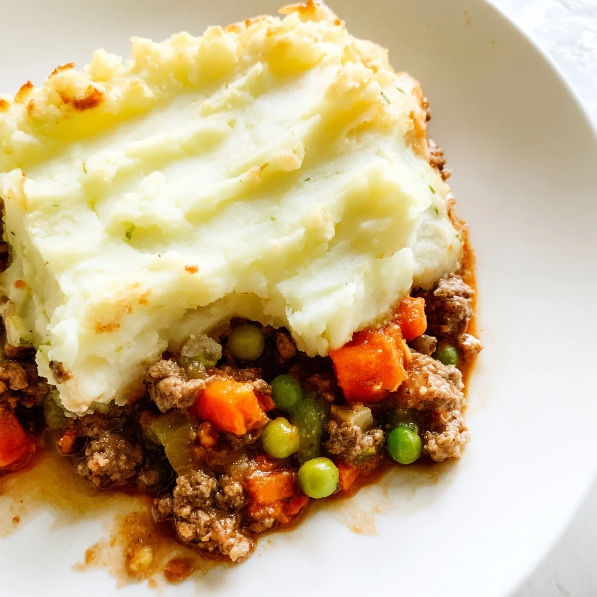 A bubbling Beef Shepherds Pie with Cauliflower Mash Topping served in a rustic dish, ready to enjoy.