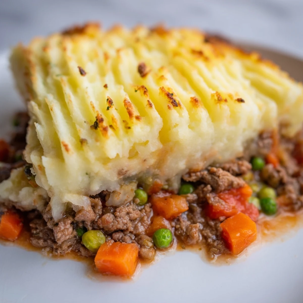 Comforting Beef Shepherds Pie with Cauliflower Mash Topping and golden edges on a marble countertop.