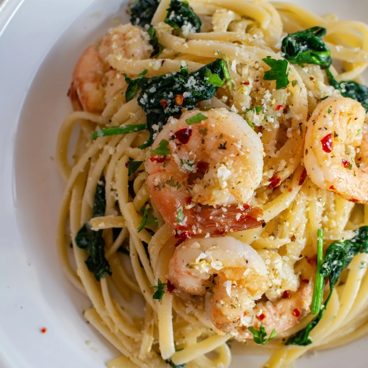 Tossed linguine with sautéed shrimp and wilted spinach, drizzled with bright lemon garlic butter sauce for dinner.