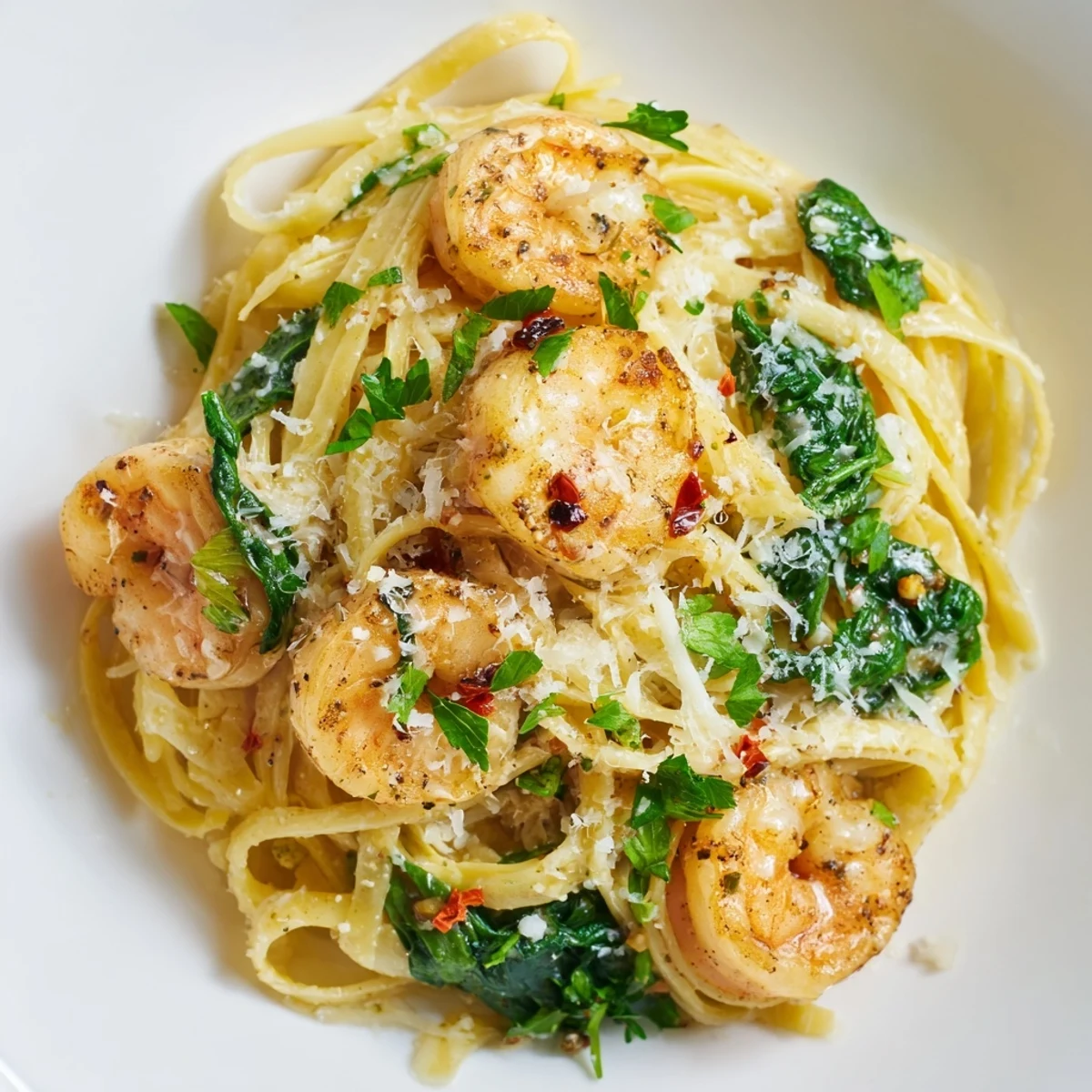 A vibrant Italian-American pasta dish featuring succulent shrimp, garlic, and fresh spinach, ready to enjoy with Parmesan.