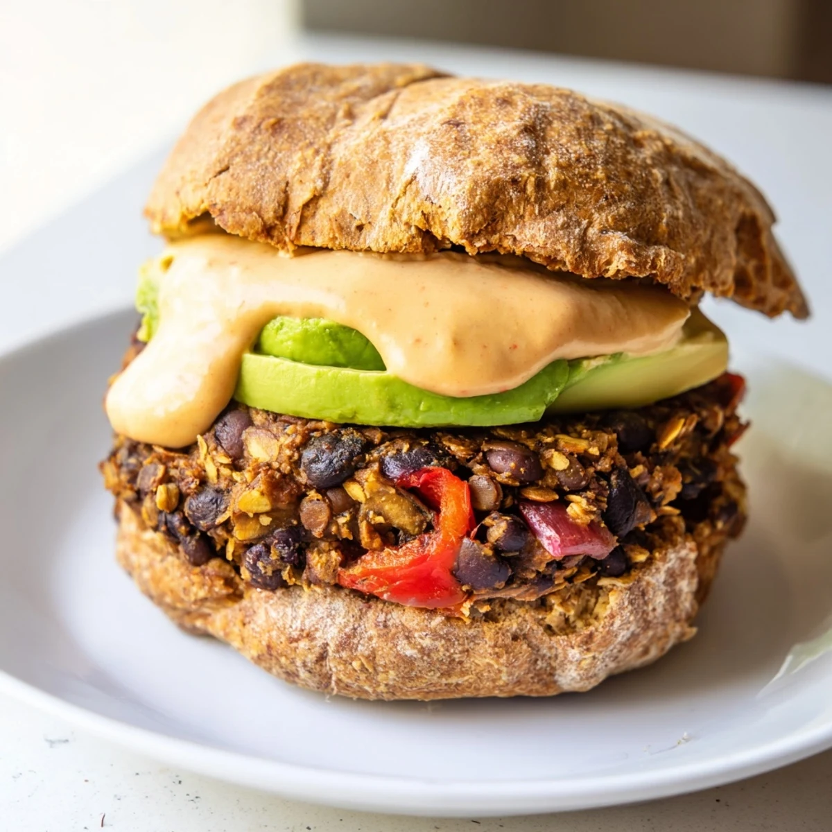 Golden brown Vegan Black Bean Burger with Chipotle Mayo dripping from the bun, served alongside crispy sweet potato fries.