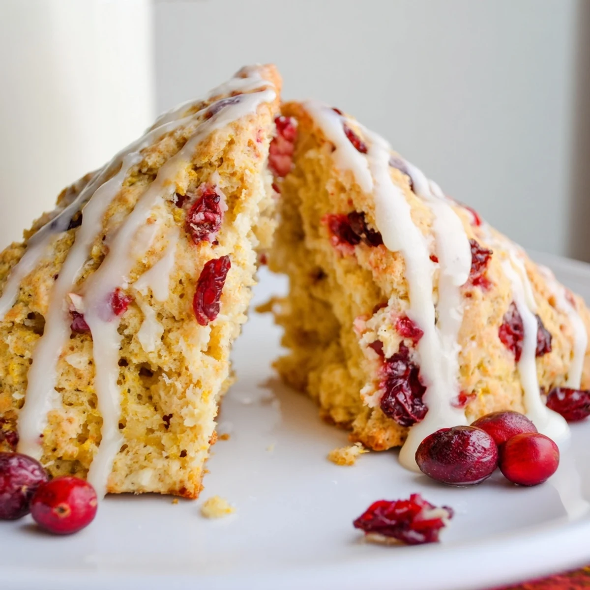 Freshly baked Cranberry Orange Scones with Orange Zest Glaze sit on a wire cooling rack, showing golden edges and vibrant red berries.