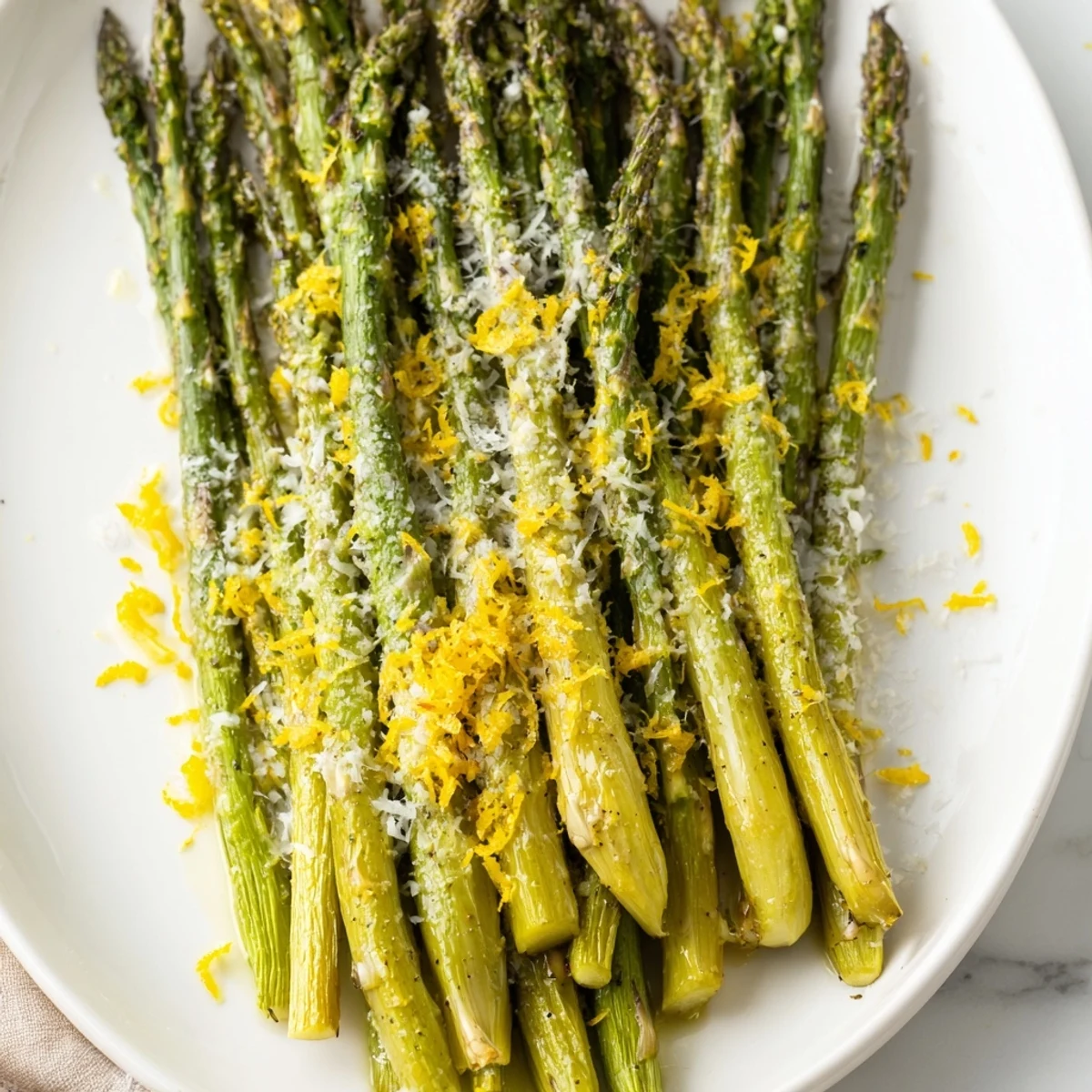 Roasted Asparagus with Parmesan and Lemon Zest served warm with a squeeze of fresh lemon juice.