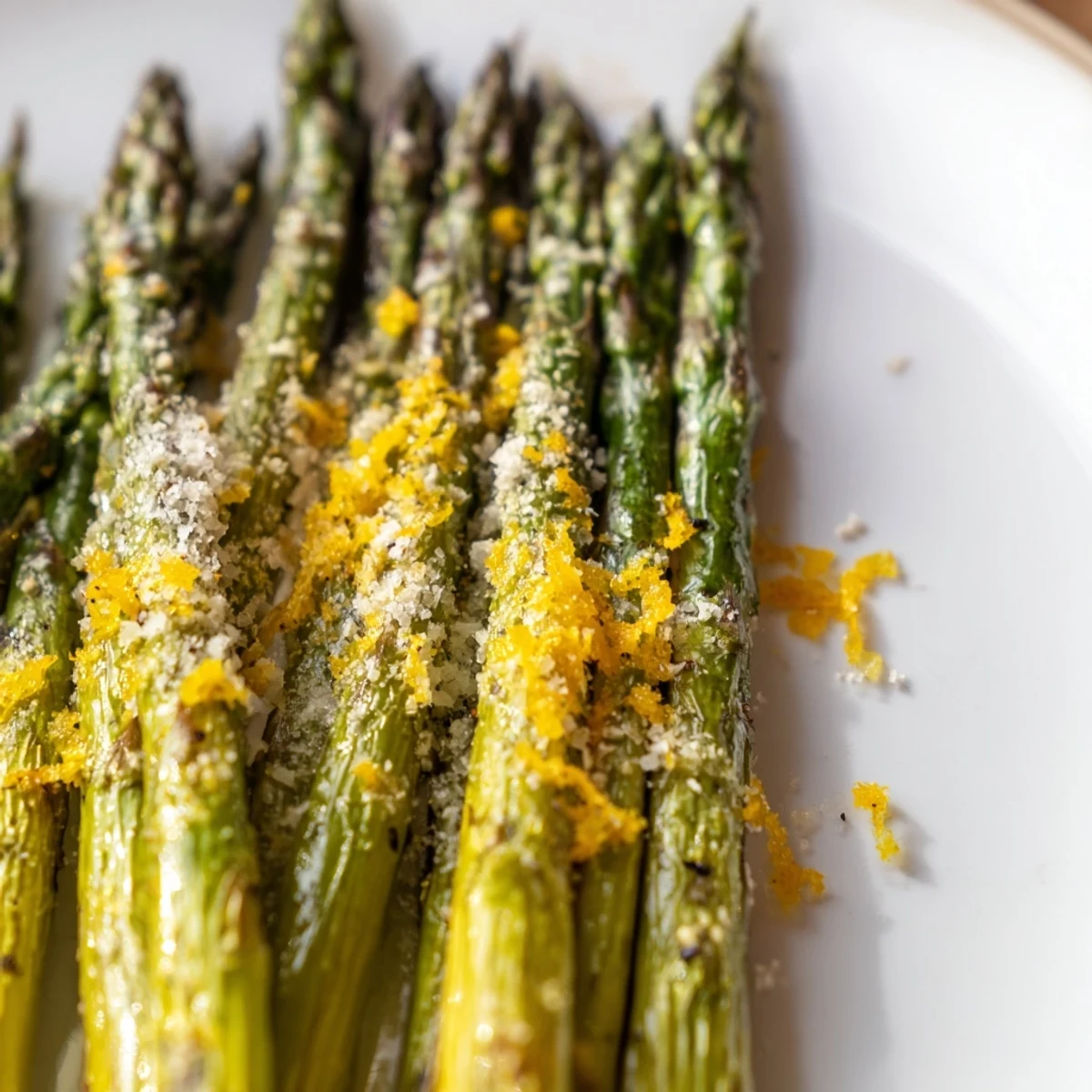 Crisp tender roasted asparagus topped with nutty Parmesan and bright lemon zest on a baking sheet.