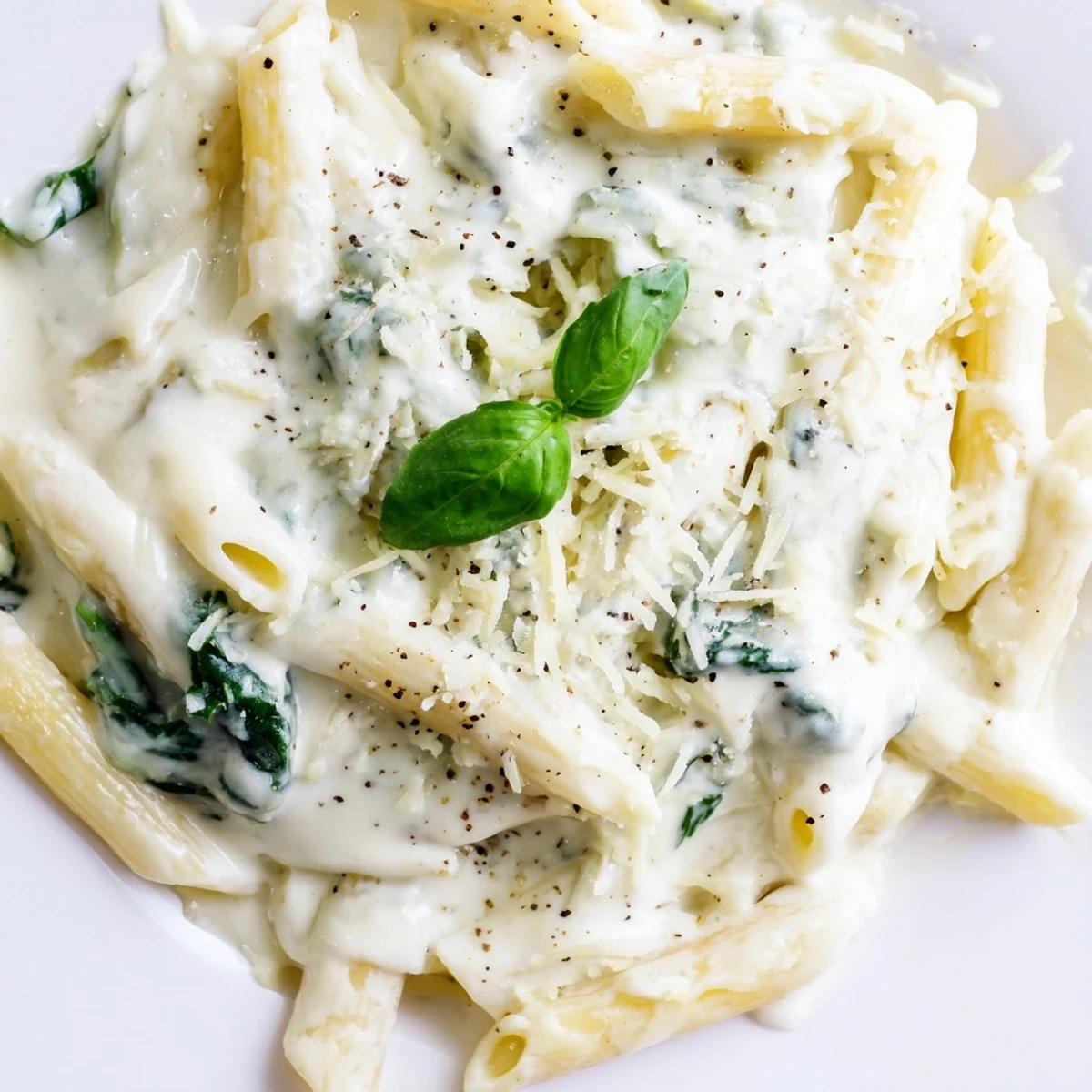 Creamy Spinach and Cheese Pasta in a white bowl, topped with fresh basil and extra Parmesan, steam rising.