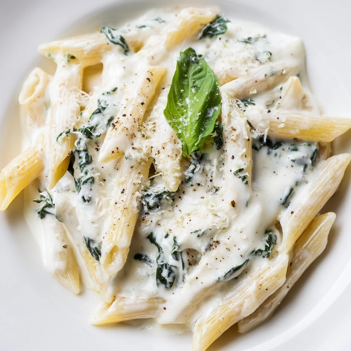 Creamy Spinach and Cheese Pasta tossed with penne, a rich sauce pooling in the skillet for a weeknight dinner.