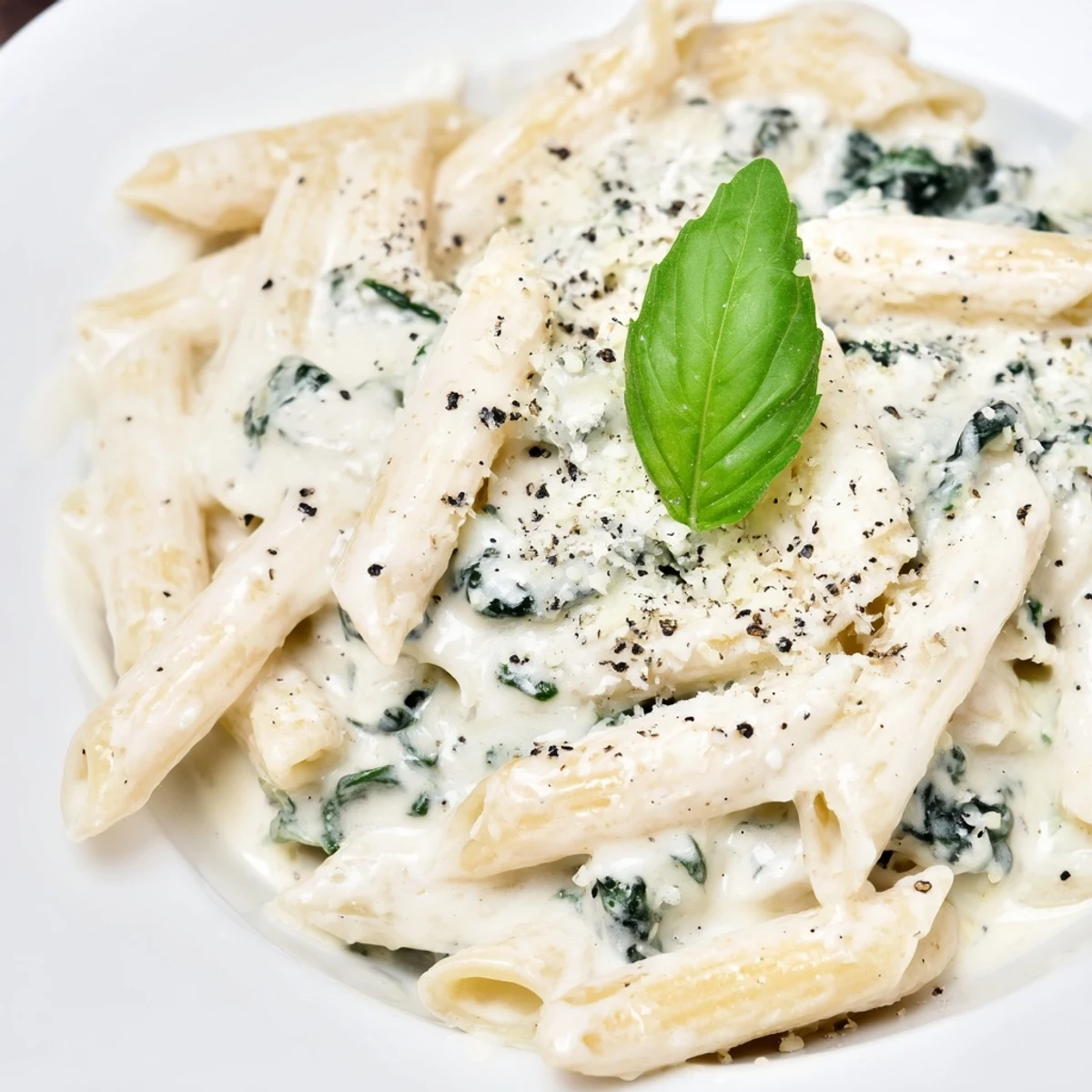 A close-up of Creamy Spinach and Cheese Pasta, showing wilted greens and gooey mozzarella on a rustic wooden table.