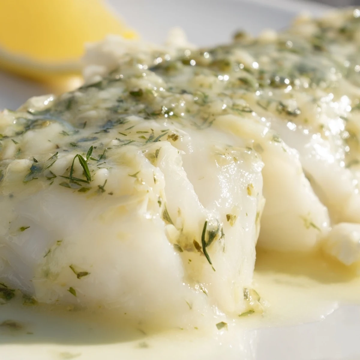 Tender flaky fillets of Baked Cod with Lemon Butter, fresh lemon slices and herbs on a rustic table.
