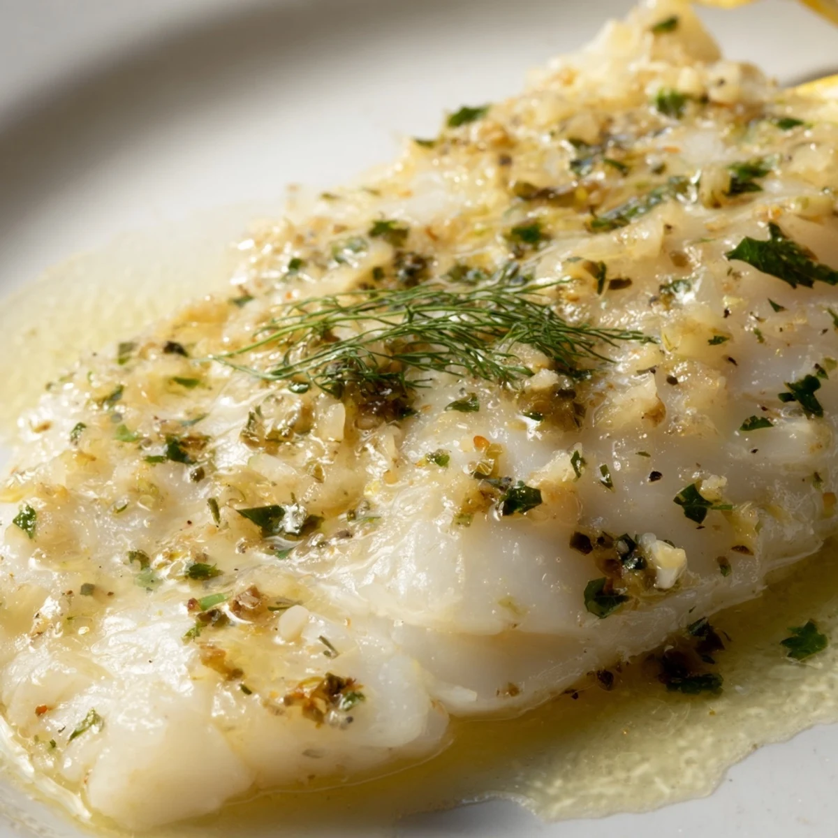 Fork-tender Baked Cod with Lemon Butter served over rice pilaf with green beans, ready to eat.