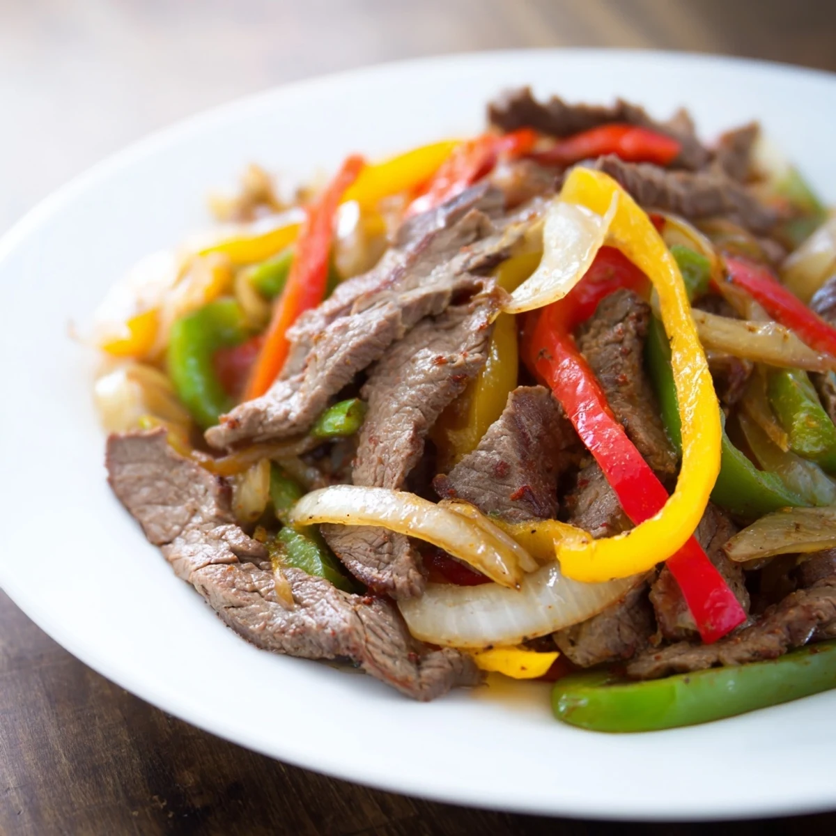 Sizzling beef fajita skillet with charred peppers and onions, served warm with lime wedges and fresh cilantro.
