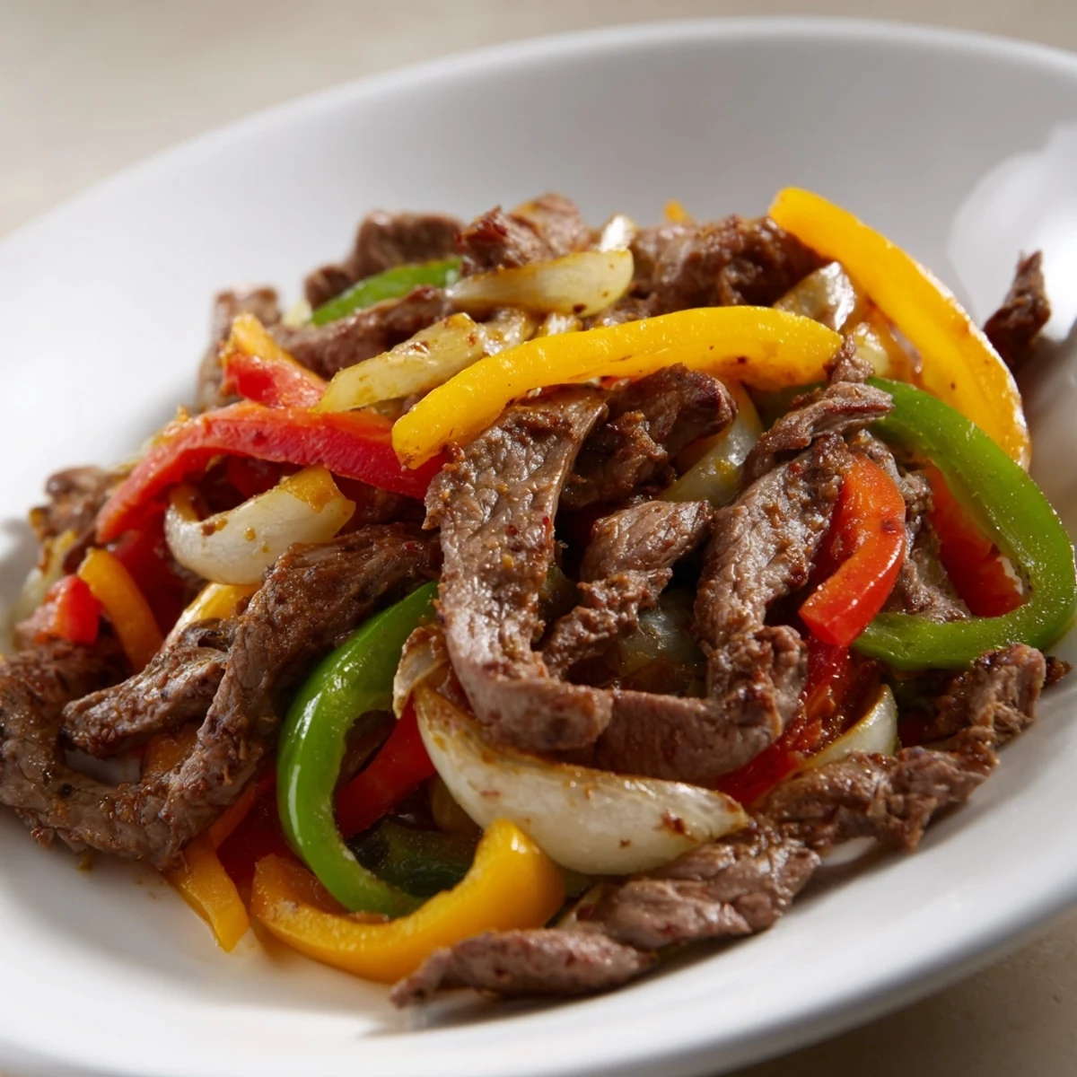 Tender beef strips, colorful peppers, and onions in a hot skillet, ready for soft tortillas and toppings.