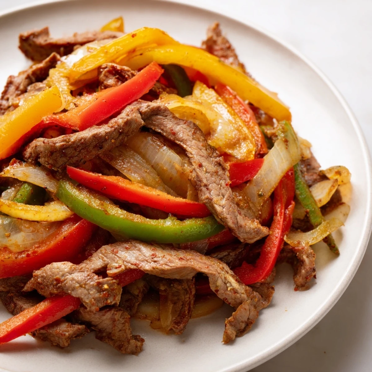 Golden seared steak with sautéed peppers and onions in a skillet, garnished with cilantro and lime wedges.