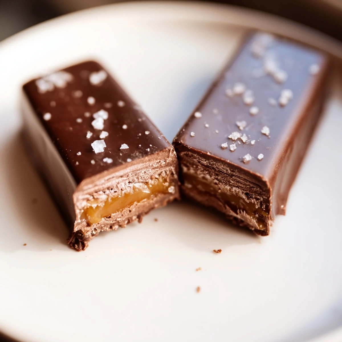 Golden-brown caramel layer cascades over glossy dark chocolate bars, topped with a sprinkle of flaky sea salt.