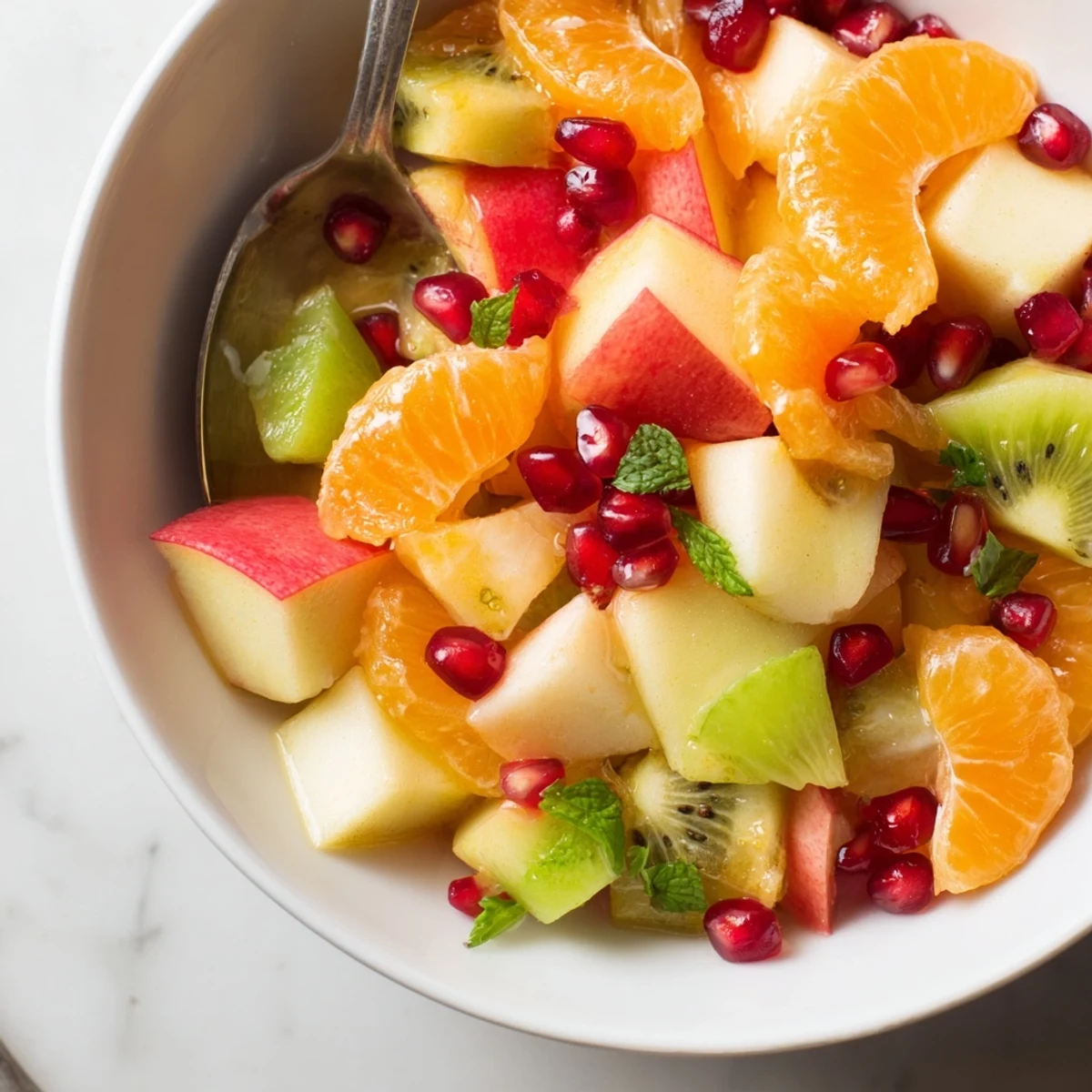 Sliced Winter Fruit Salad with Citrus including oranges, grapefruit, and kiwi, served chilled for breakfast.