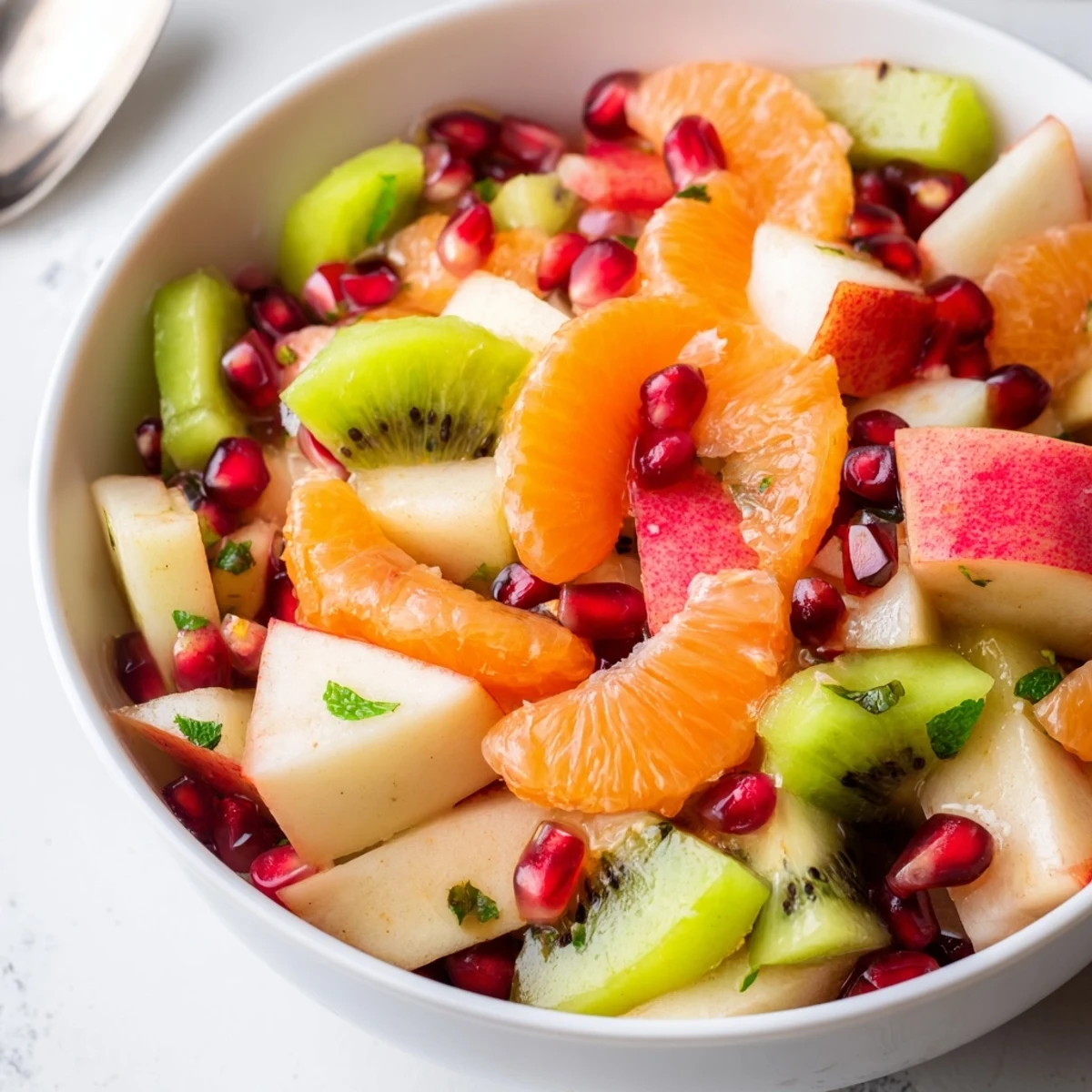 Winter Fruit Salad with Citrus garnished with fresh mint in a clear glass bowl, vibrant and juicy.