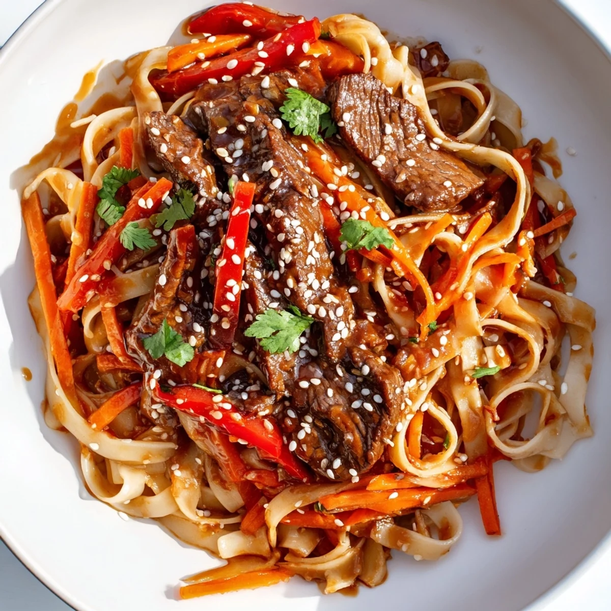 Close-up of Spicy Beef Noodles featuring tender beef strips, bell peppers, and snow peas tossed in a glossy, savory sauce.