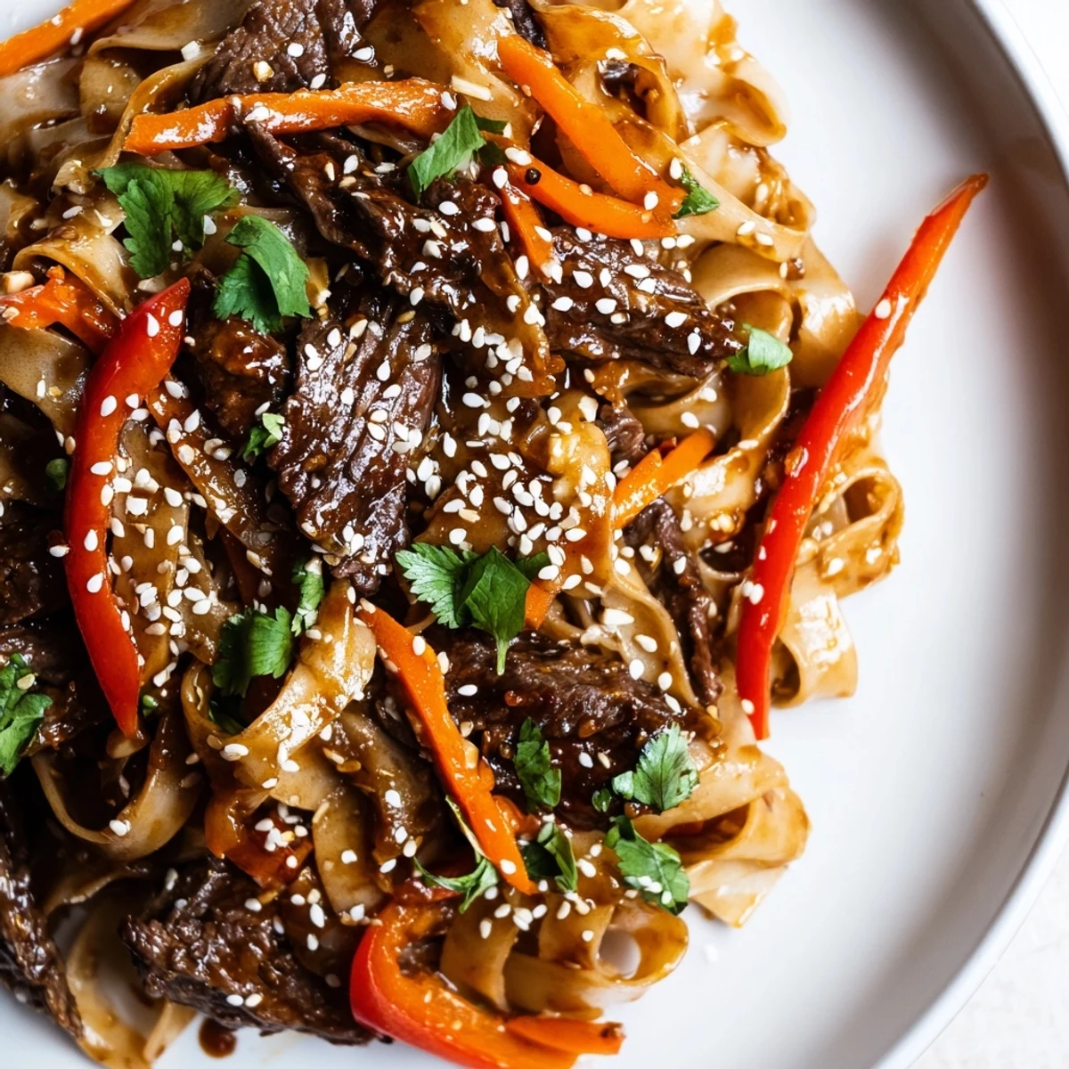 Steaming hot bowl of Spicy Beef Noodles garnished with fresh cilantro and sesame seeds, served with lime wedges on the side.