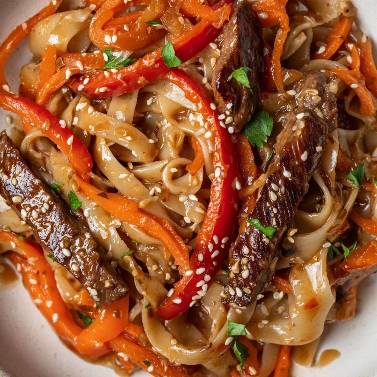 Overhead view of Spicy Beef Noodles stir-fry with vibrant julienned carrots and wide rice noodles in a dark, spicy sauce.