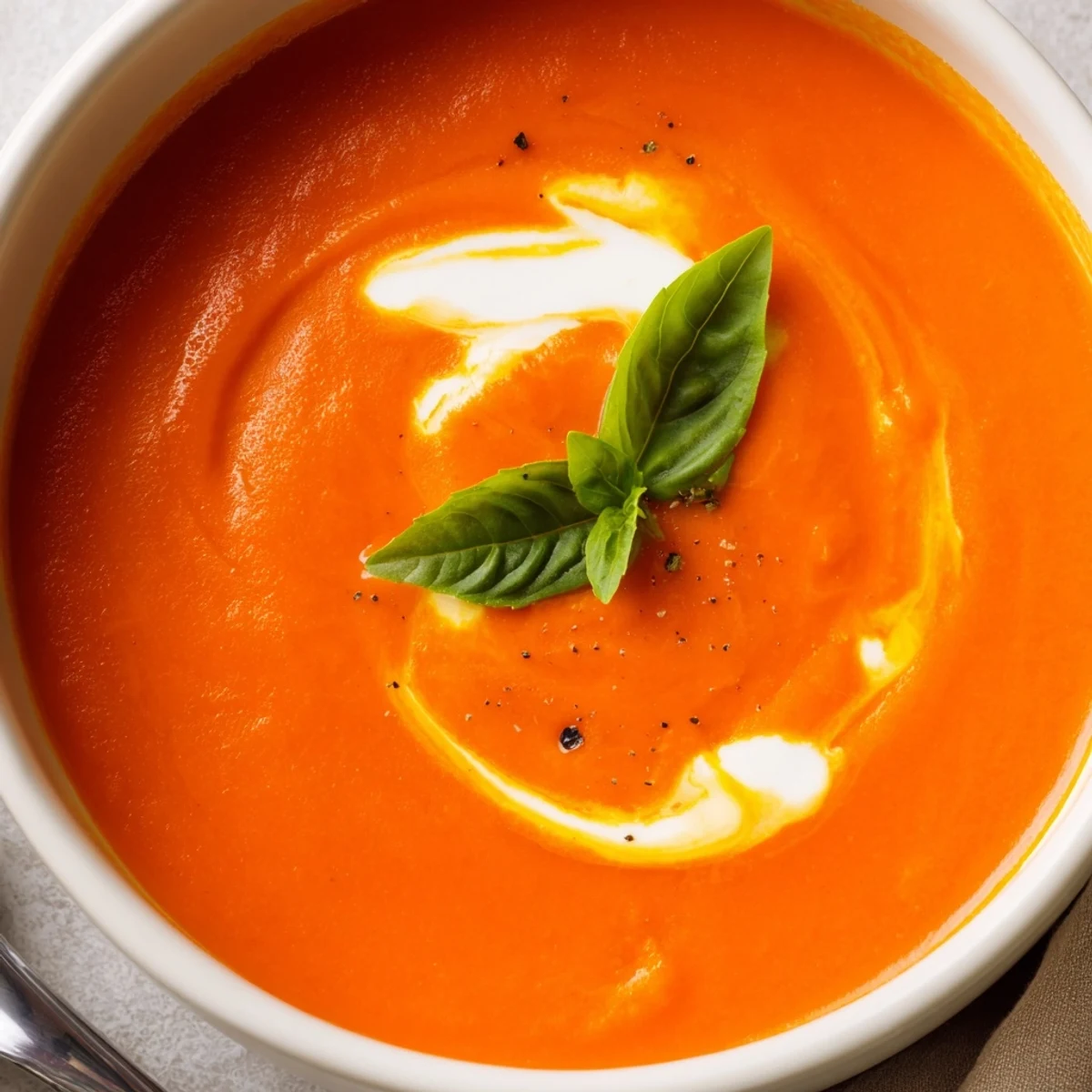 Steaming bowl of Creamy Tomato Bisque garnished with fresh basil and a cream swirl.