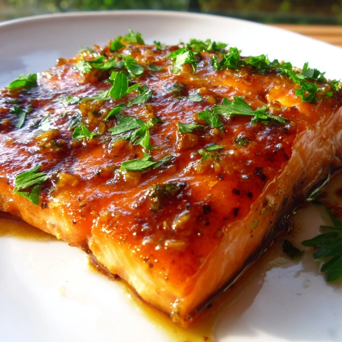 Golden-brown salmon fillets fresh from the oven, drizzled with sticky honey garlic sauce and herbs.