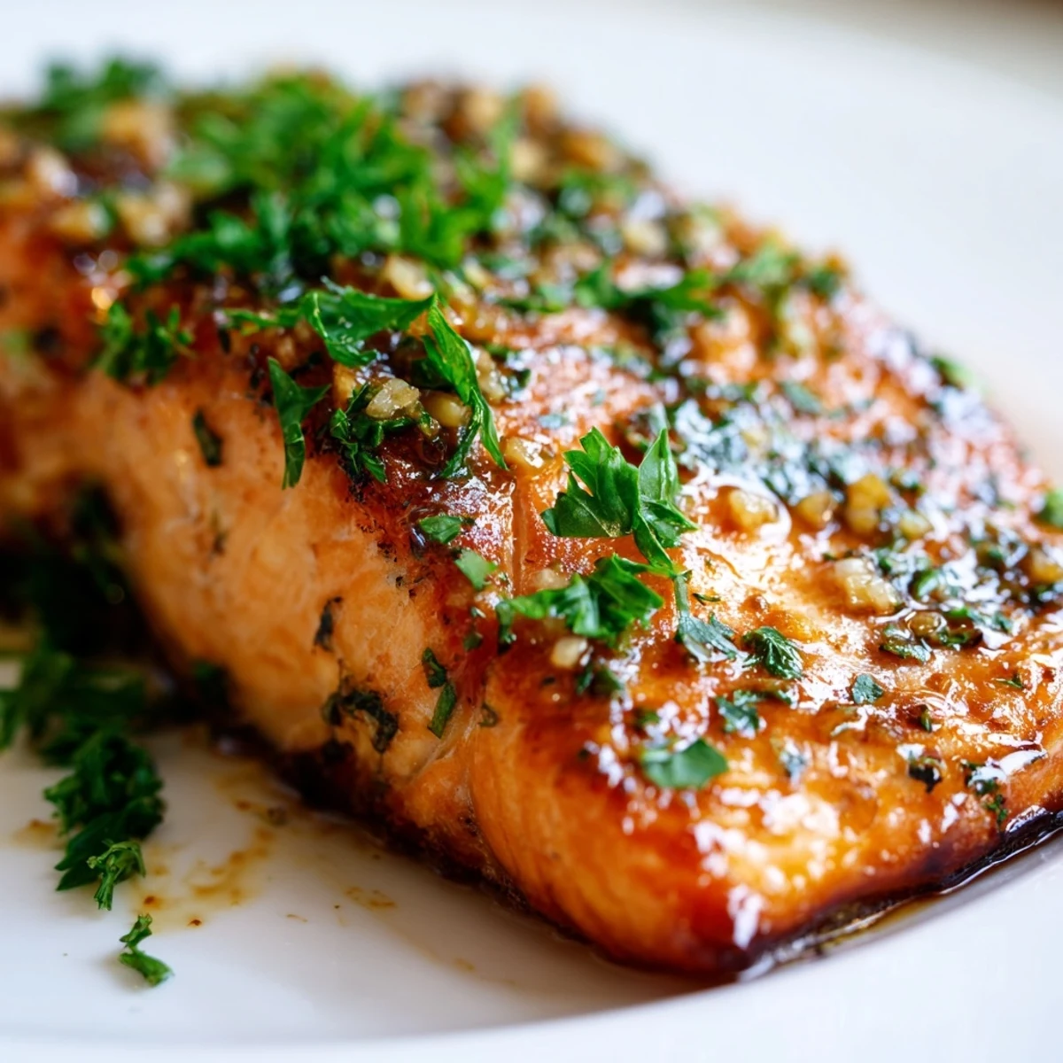A close-up of baked salmon with a caramelized honey garlic glaze, served with lemon wedges.