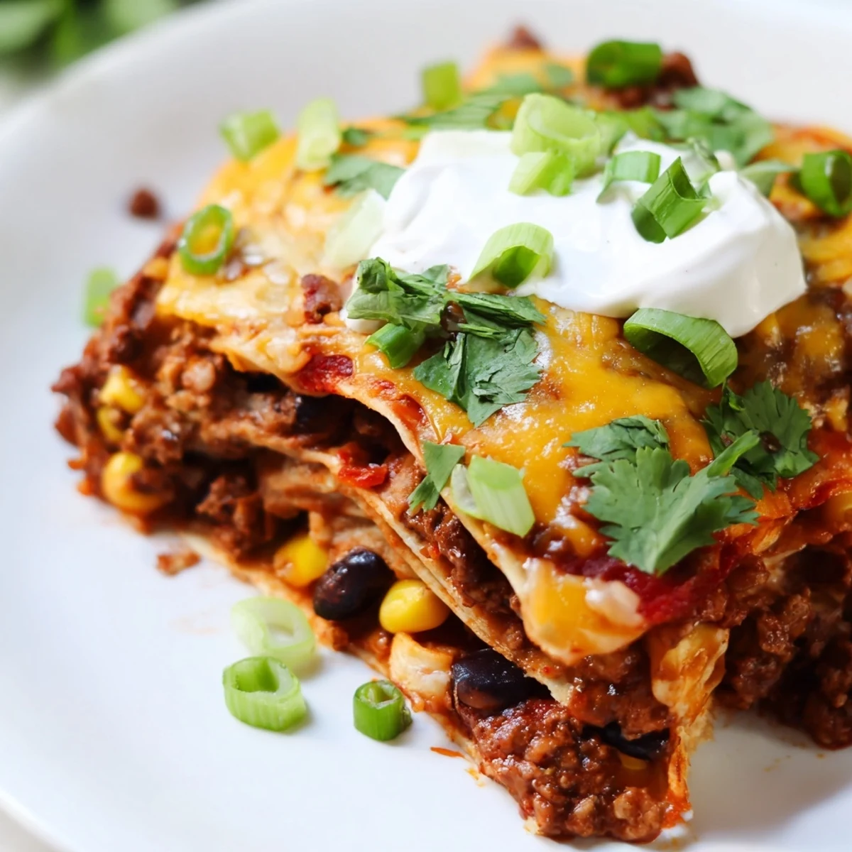 Hearty slice of Beef Enchilada Casserole on a plate with sour cream, cilantro, and jalapeños.