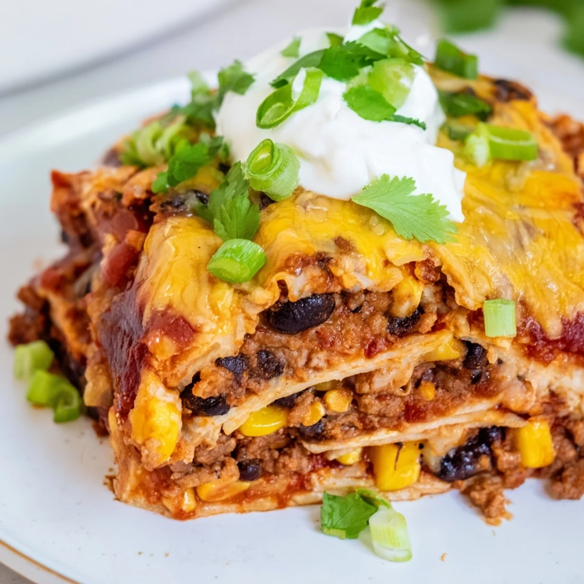 Layered Beef Enchilada Casserole with ground beef, black beans, and corn in a white baking dish.