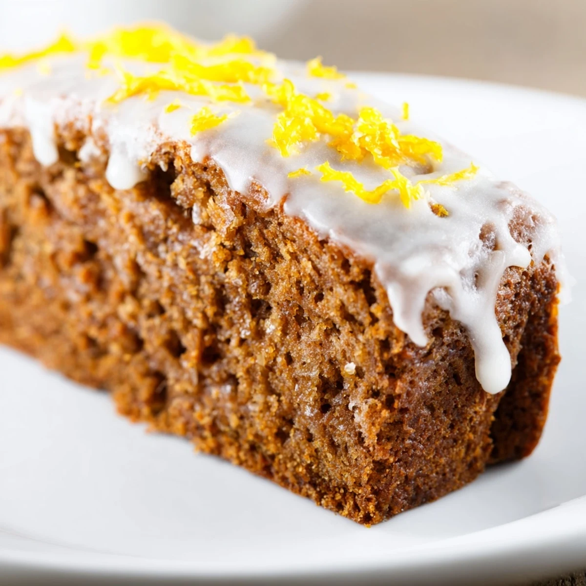Moist Gingerbread Loaf with orange icing sliced on a wooden board, ready to serve at a winter gathering.