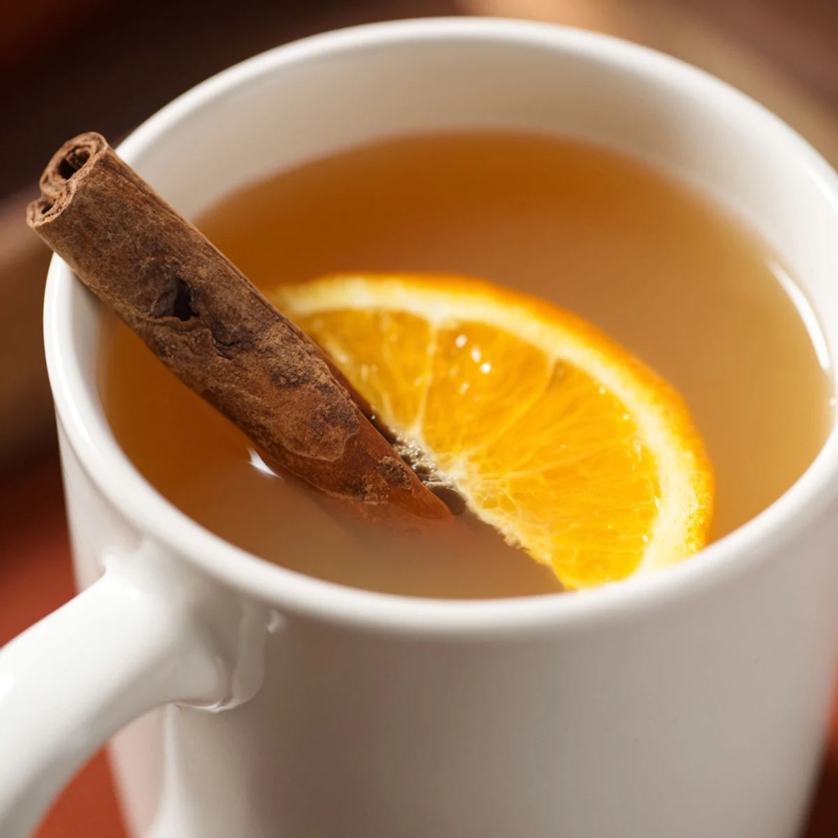 Cozy spiced hot apple juice with cinnamon glows in clear mugs, garnished with fresh orange slices and cinnamon sticks.