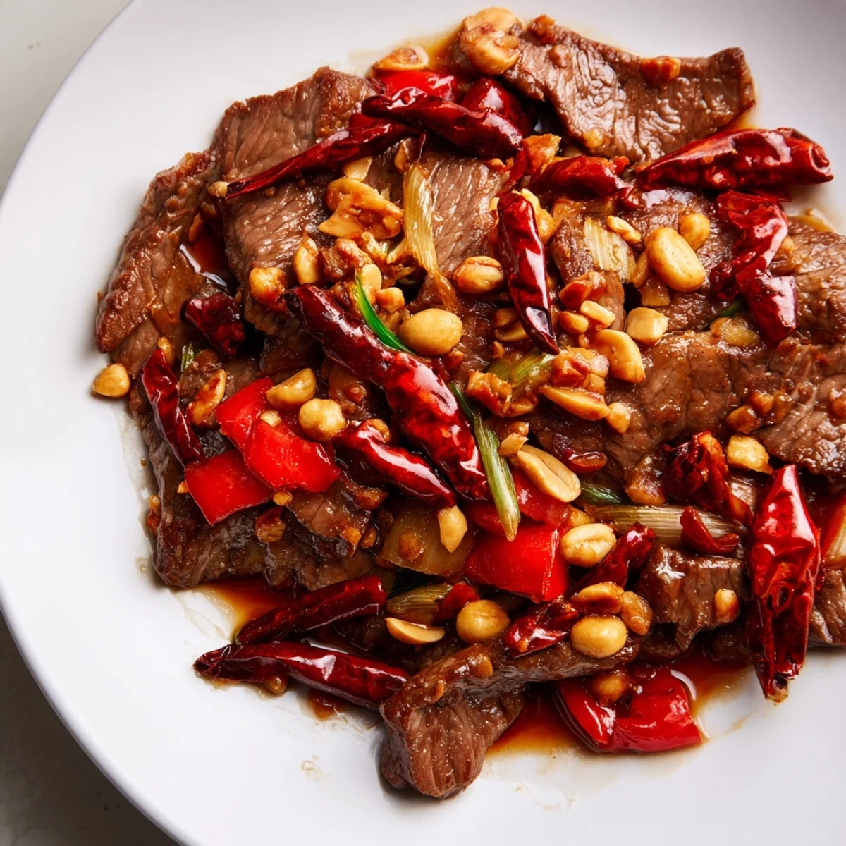A vibrant serving of Spicy Szechuan Beef with Peanuts over fluffy white rice, garnished with fresh scallions and red chilies.