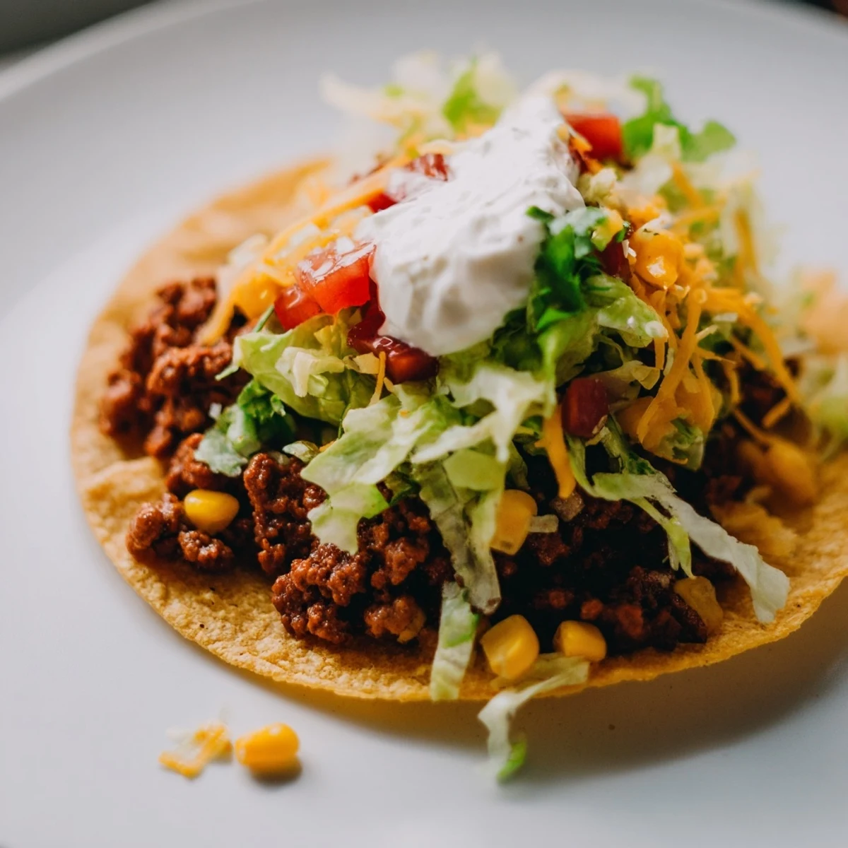 Serve these Beef Tacos with Corn Salsa on a plate, topped with shredded lettuce and melted Monterey Jack cheese.