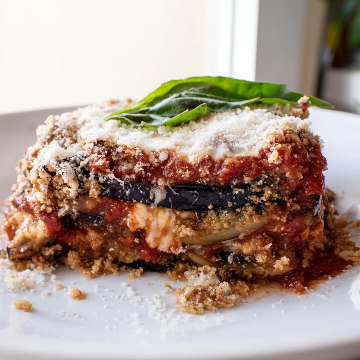 Golden baked eggplant slices layered with rich tomato sauce and melty mozzarella in Baked Eggplant Parmesan with Basil.
