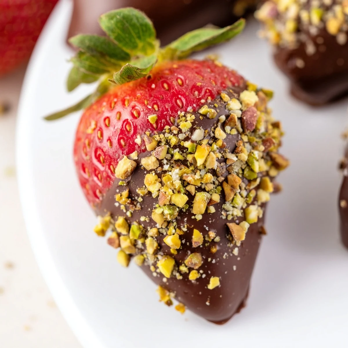 Chocolate Covered Strawberries with Pistachios are displayed on a white plate, their dark shells glistening under soft kitchen light.