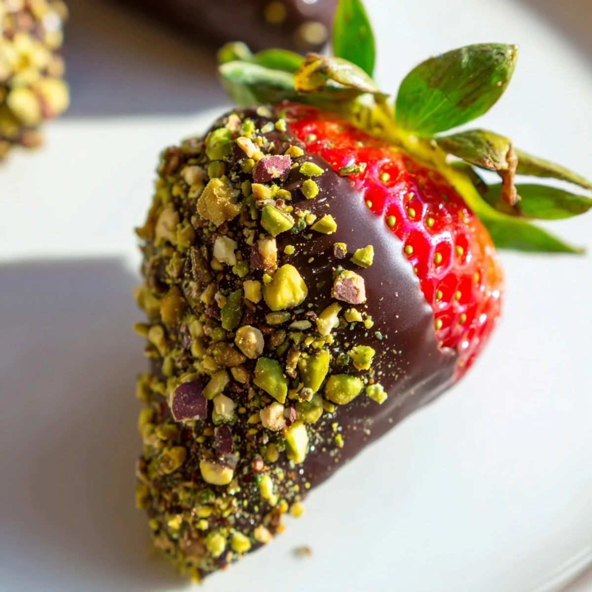 Fresh Chocolate Covered Strawberries with Pistachios show a rich cocoa shell and bright green nutty crunch.